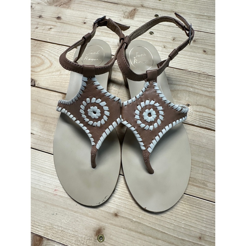 Jack Rogers Classic Flat Thong Sandals Brown Leather White Stitching Size 7M